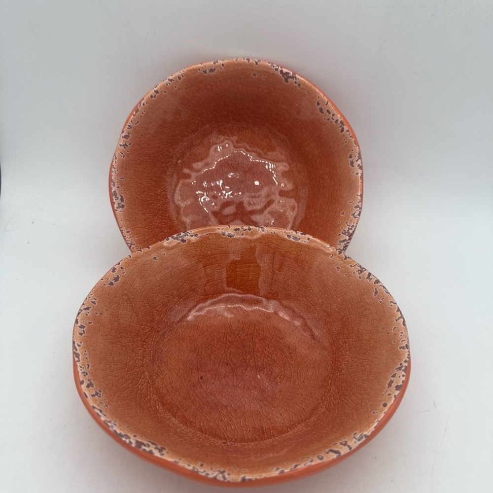 Set Of 2 Pier 1 Carmelo 7" melamine cereal Bowls Rustic Orange crackle